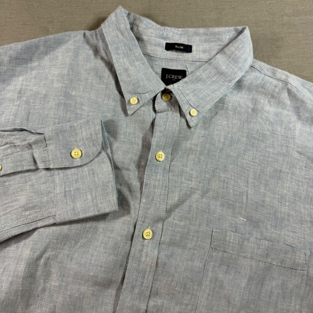 J.Crew Linen  Button Down Shirt Mens XXL Light Blue Excellent Slim‎ Fit Cotton